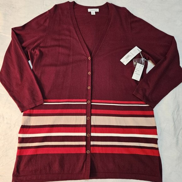 Liz Claiborne Cardigan Sweater Womens XXL Burgundy Red Stripes Long Soft NWT - Picture 1 of 9